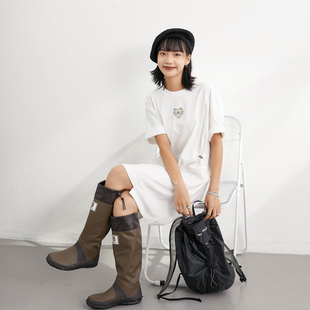 inkday日系轻复古心形印花T恤裙女 圆领可收腰拼接款不规则连衣裙