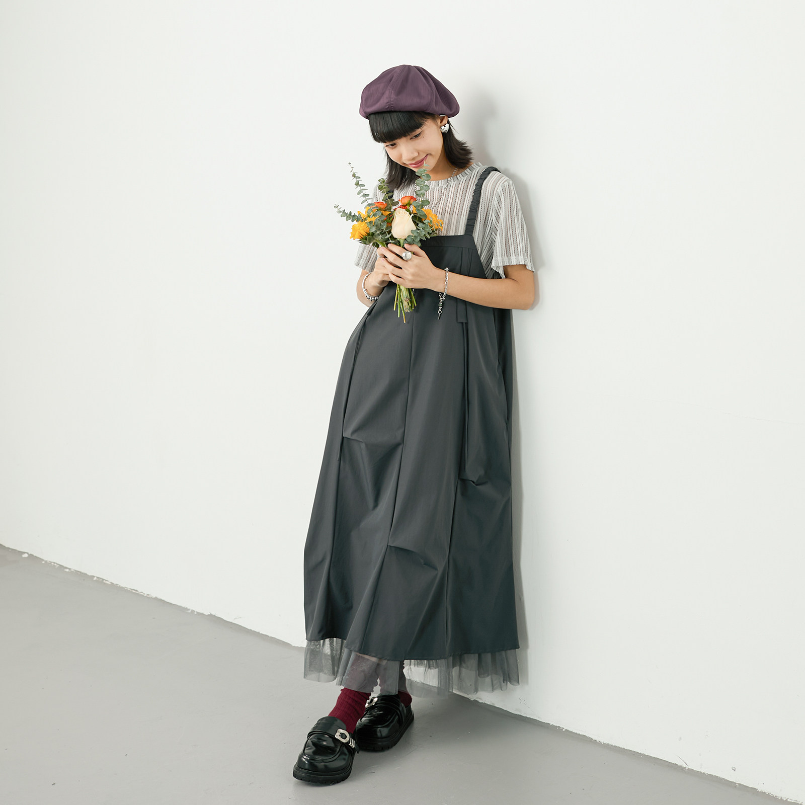 inkday日系轻复古网纱拼接背带裙女 肩带可调节机能连衣裙春夏新