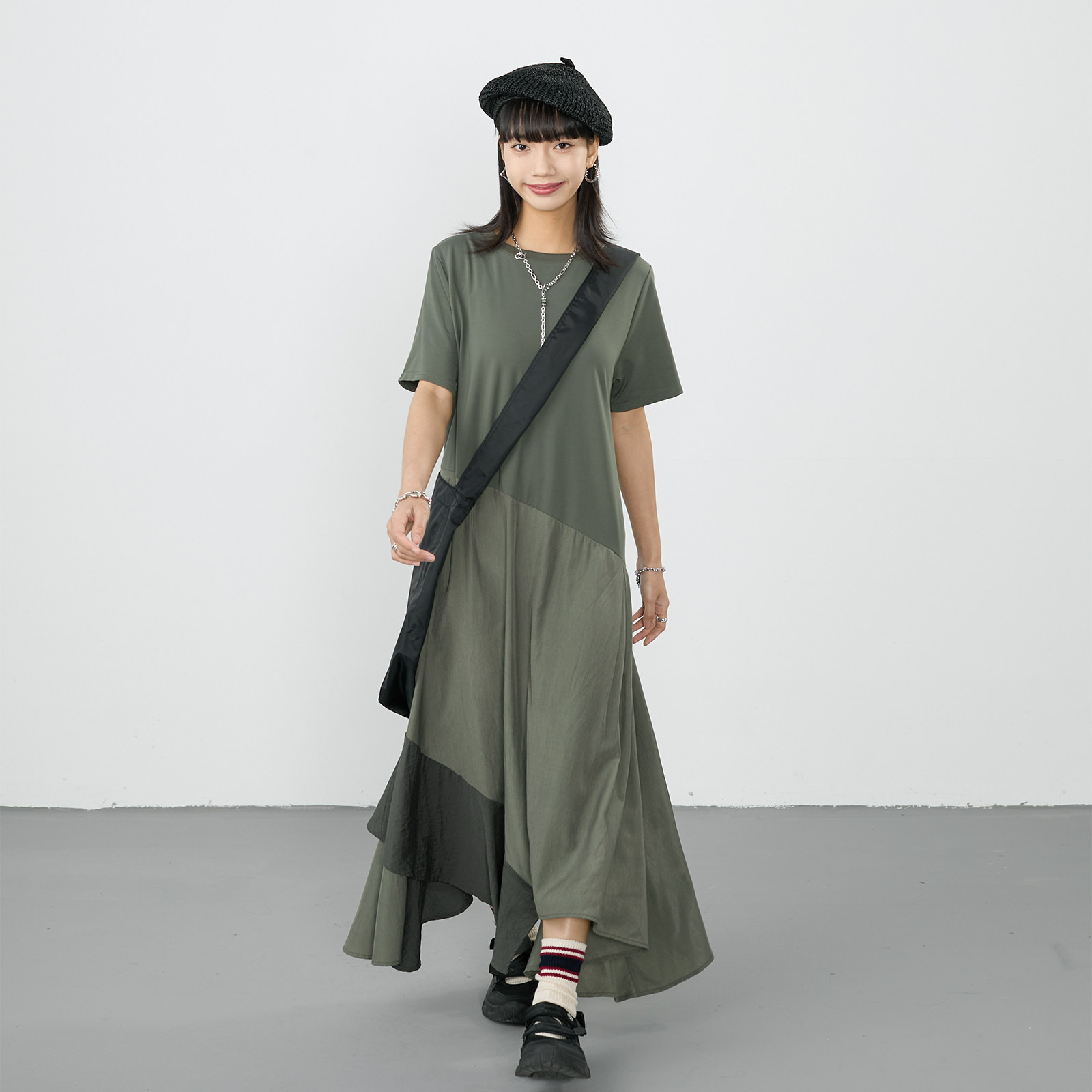 inkday日系轻复古不规则下摆拼接T恤裙女 圆领简约纯色短袖连衣裙