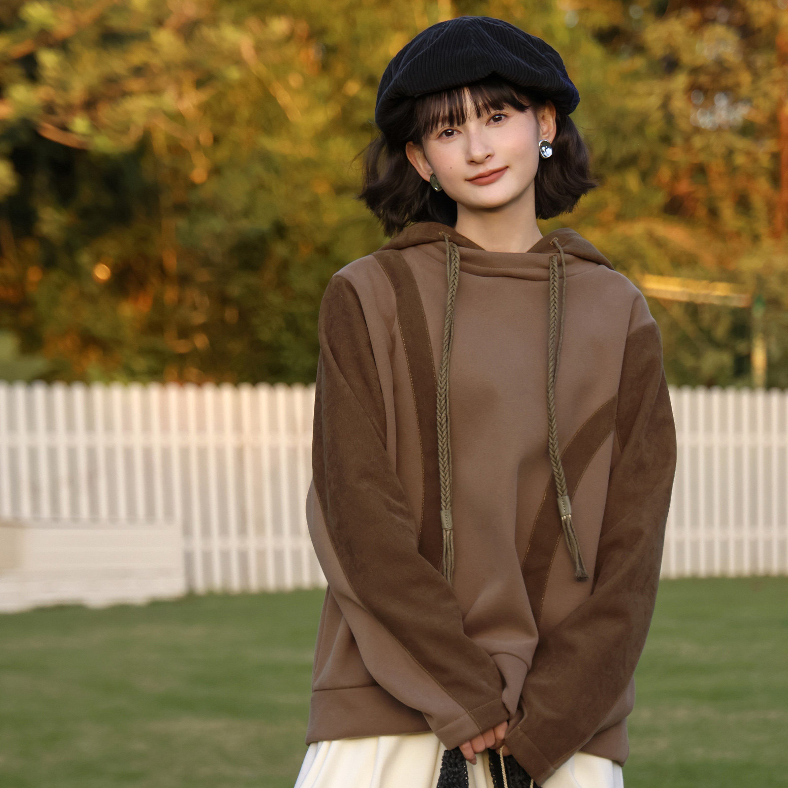 inkday日系轻复古麻花编织带连帽卫衣女 假两件拼接加绒上衣冬季