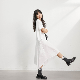 inkday日系轻复古不规则下摆T恤裙女 异材拼接纯色通勤百搭连衣裙