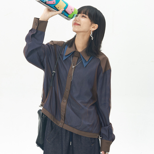 双层领设计感通勤百搭上衣秋季 inkday日系轻复古网纱拼接衬衫 女