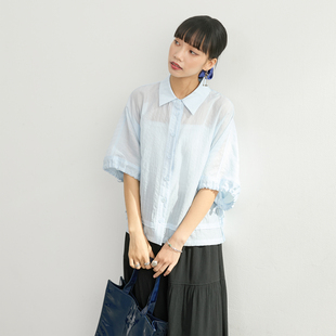 inkday日系轻复古肌理感绑带衬衫女 落肩宽松轻薄休闲上衣外套夏
