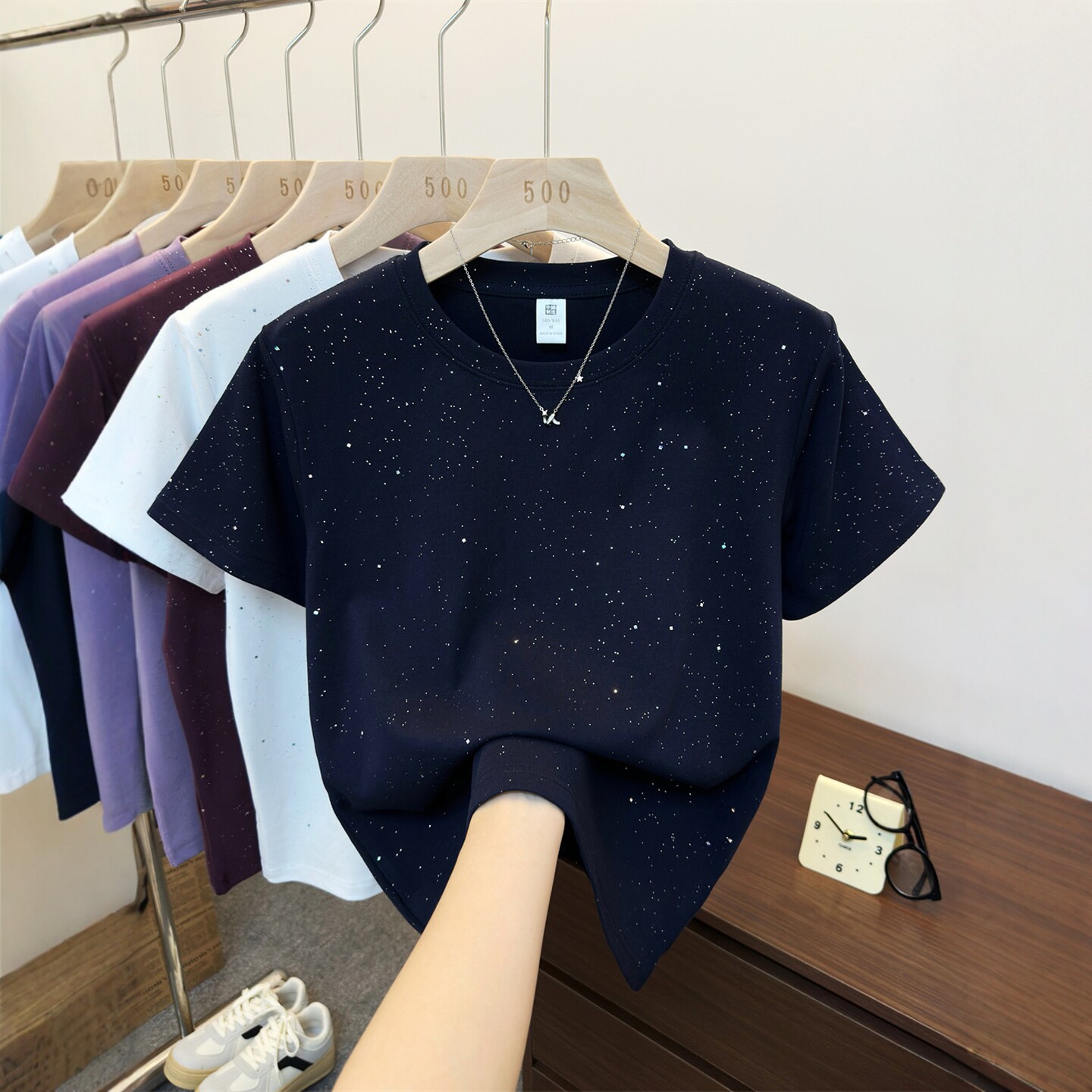 正肩满天星短袖T恤女韩版显瘦