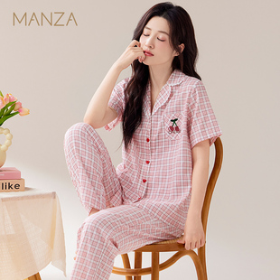 玛伦萨睡衣女2025新款夏季薄款短袖长裤套装空调房开衫女士家居服