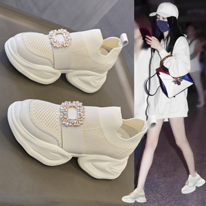 内增高老爹鞋女透气2023春秋新款小个子厚底炸街弹力针织网面女鞋