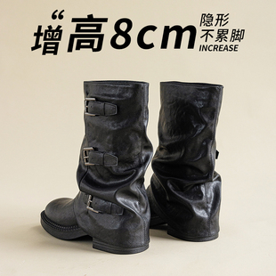 8cm内增高骑士靴女2025新款秋冬厚底中筒靴库管褶皱堆堆长筒靴子