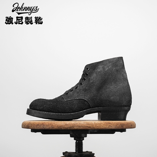 强尼制靴 固特异工装靴男复古头层黑翻毛牛皮鞋圆头机车靴9111