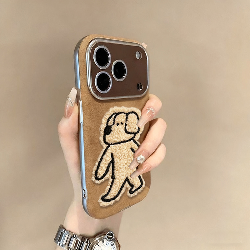 秋冬毛毛狗适用iPhone17手机壳大视窗新款苹果17promax小羊皮壳苹果air全包电镀壳17pro保护套ip17por复古