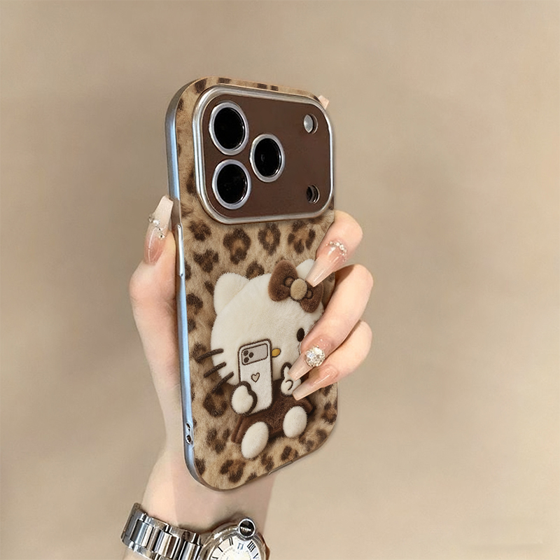 适用苹果17豹纹毛绒kt棕羊皮壳