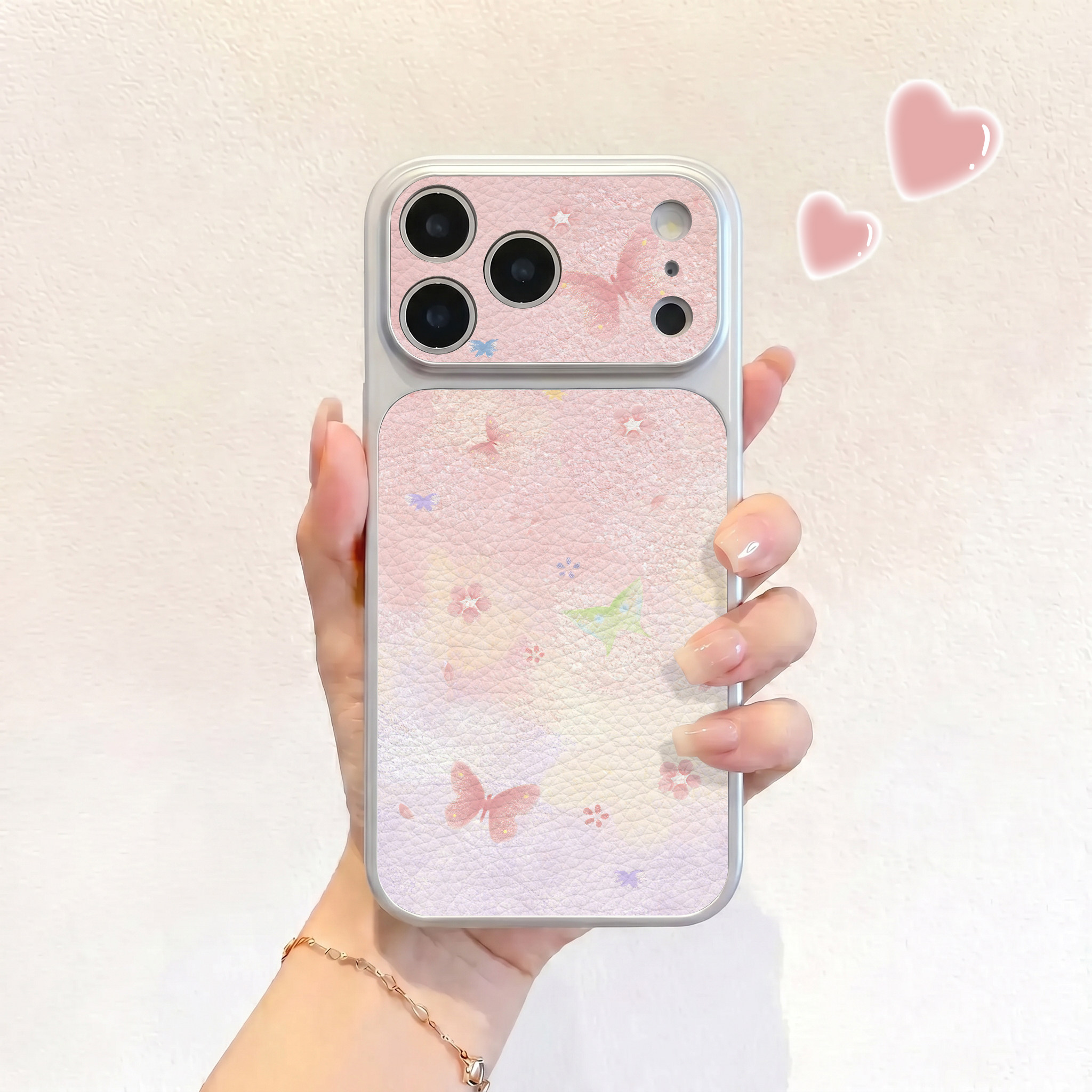 粉梦幻蝴蝶适用iPhone17不会撞壳手机壳新款苹果17promax仿皮16pro皮纹壳17pro保护套ip16男女15卡通14可爱