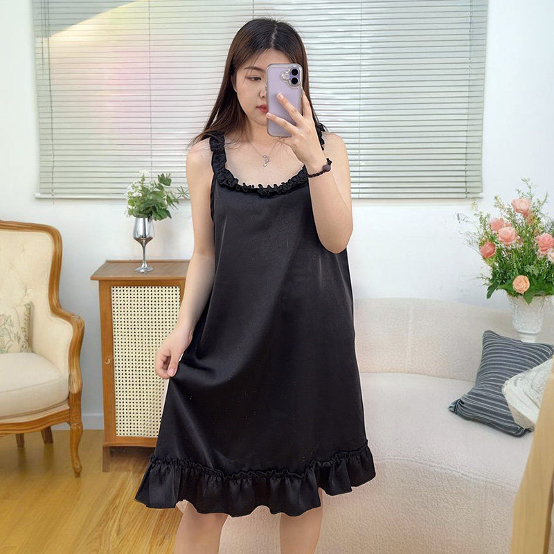 夏季女大码冰丝缎面睡衣花边吊带裙家居服睡裙性感纯欲风连衣裙