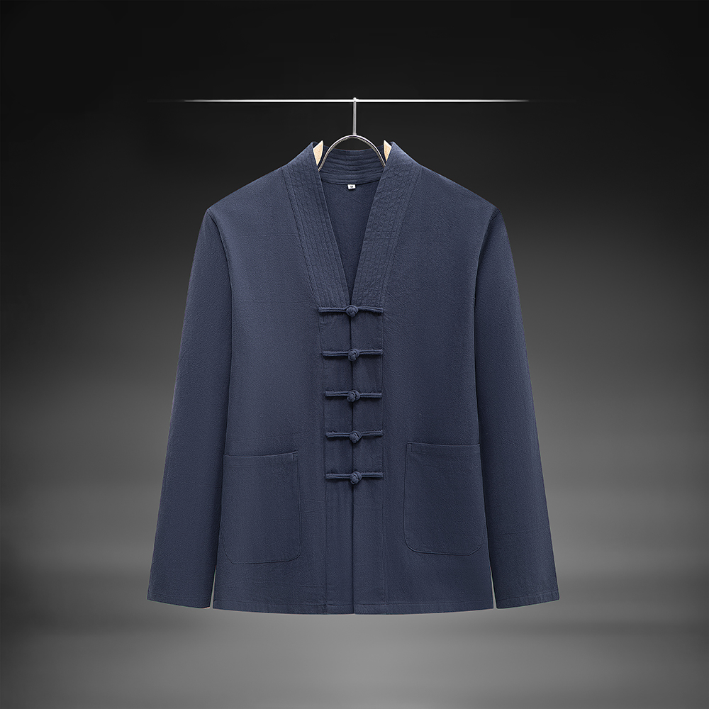 春秋棉麻中国风唐装长袖上衣男中式盘扣打底衫亚麻立领太极服