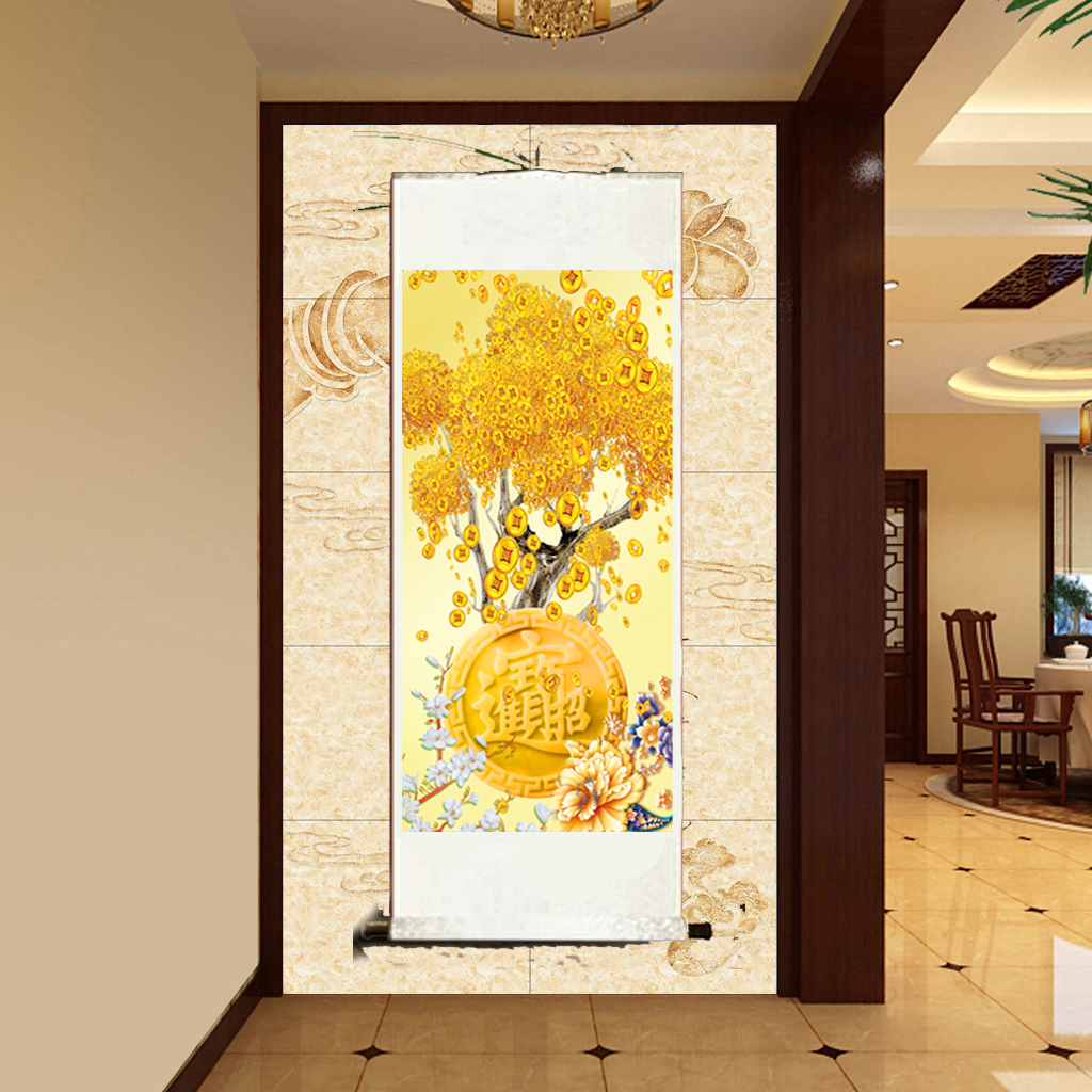 丝绸卷轴画定制发财树玄关画风水挂画国画摇钱树壁画