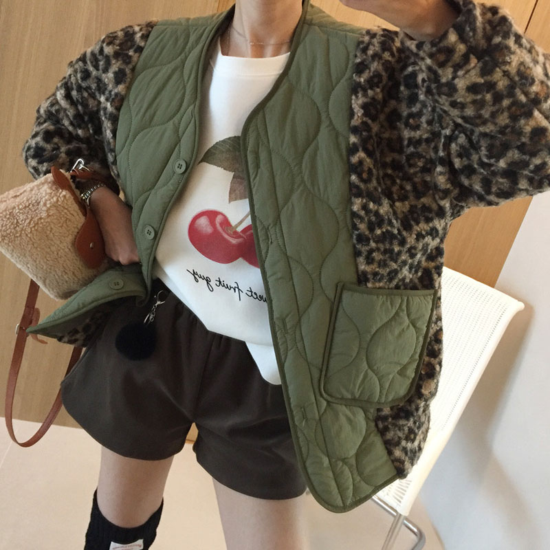 韩国2025新款 设计款假两件宽松豹纹毛圈拼接菱形格夹棉薄棉外套