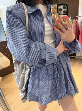 韩国 时尚慵懒风撞色格子宽松显瘦衬衣外套+松紧A字半身裙两件套