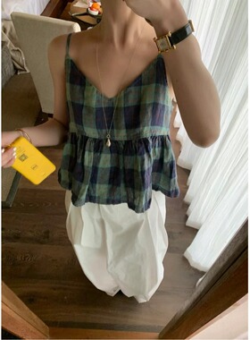 韩系东大门简约设计感亚麻格子小吊带2025夏季新款度假风叠穿背心