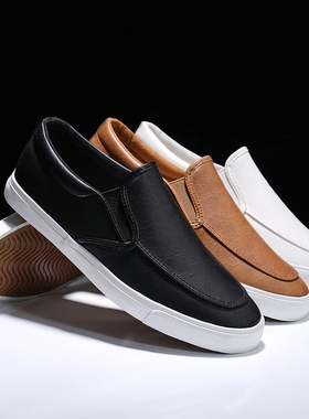 夏季懒人白色皮鞋男生防水平板鞋男士韩版潮流一脚蹬男百搭休闲鞋