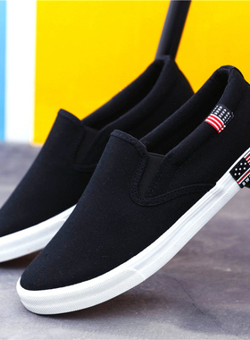 黑色鞋子男士春季浅口帆布鞋防臭一脚蹬懒人鞋韩版老北京布鞋男鞋