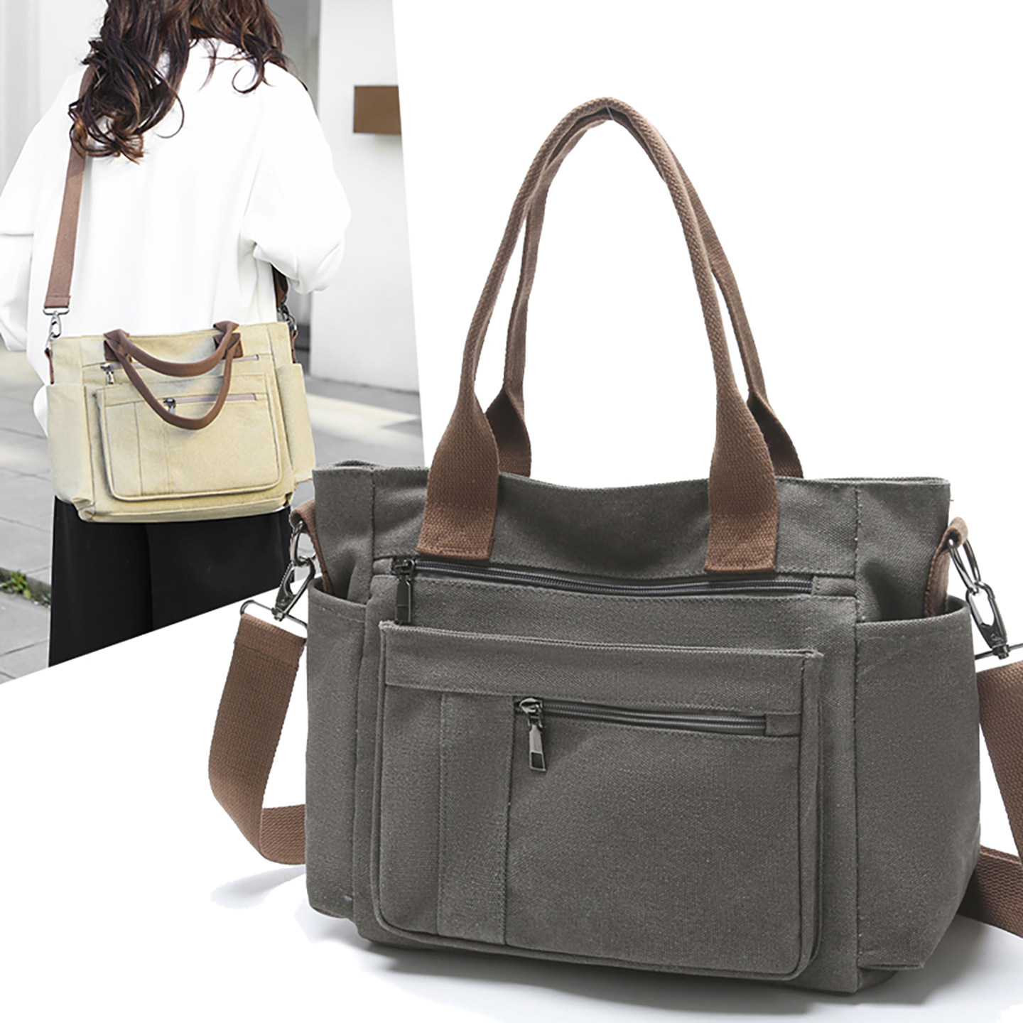 复古单肩包帆布包包高级感女包斜挎包新款大容量通勤包手提托特包