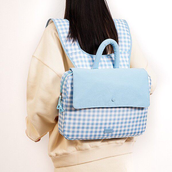 简约条纹双肩包女学生上课补习书包通勤百搭小清新格子轻便电脑包