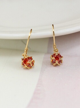 饰品耳钉Y80耳环镀14K金红色水晶小球耳坠韩版
