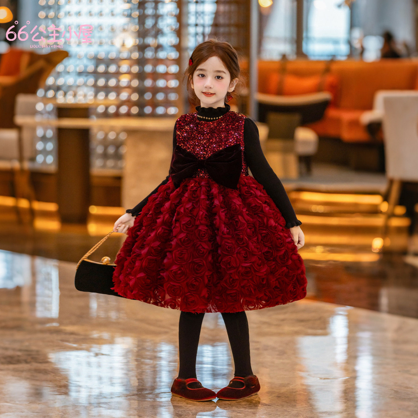 66公主童装女童冬款裙子2025新款女孩蓬蓬裙连衣裙红色公主裙礼服