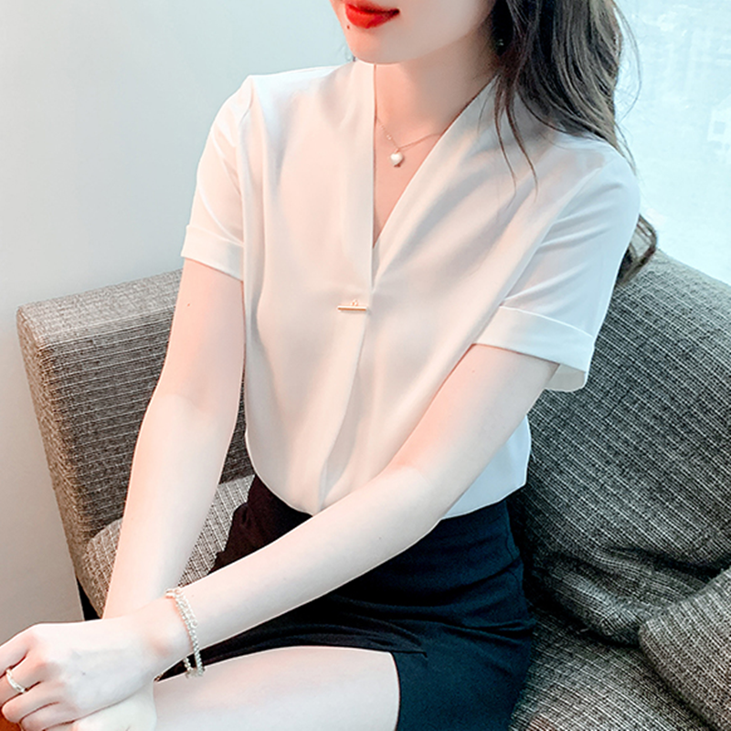 白色v领雪纺衫女2026夏季新款气质职业打底衬衫短袖正装抗皱上衣