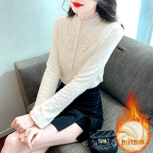 2026年新款时尚蕾丝加绒打底衫女秋冬装时尚洋气上衣气质百搭衬衣