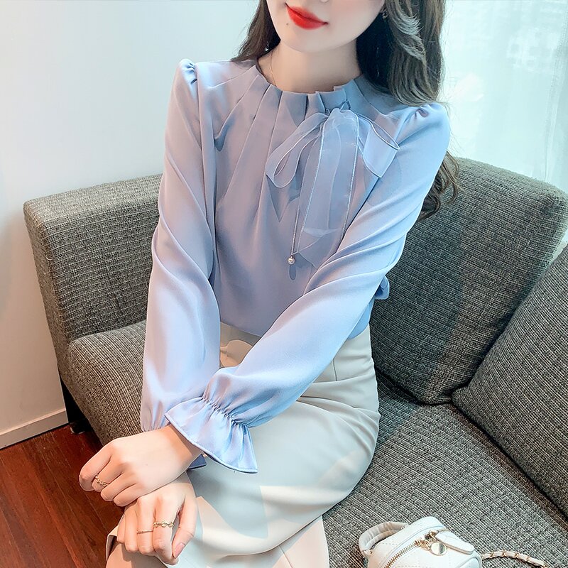 蝴蝶结雪纺衬衫女长袖2026年秋季新款通勤风喇叭袖气质设计感上衣