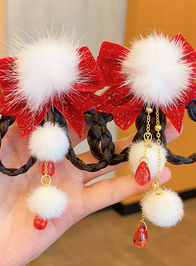 2024女童新年发夹古风汉服头饰大红儿童龙年毛球对夹古装拜年发饰