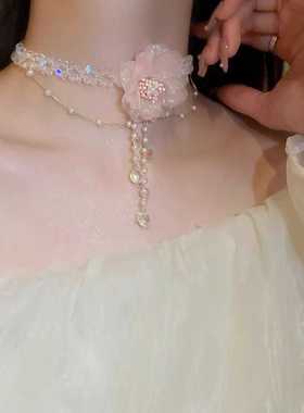 超仙项链水晶串珠粉色花朵项链