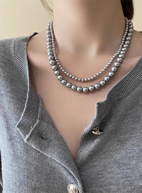 施家银灰珍珠项链女叠戴复古