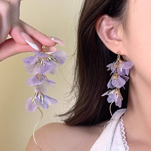 夏日甜美紫色花朵流苏耳钉女