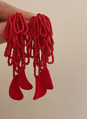 超仙热辣红色串珠流苏耳环