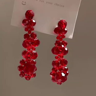 夸张红色复古串珠流苏耳环女轻奢水晶耳坠气质小众设计感结婚耳饰