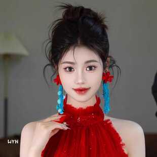 个性长款流苏耳环欧美夸张花朵耳坠饰品新娘结婚礼服敬酒服配饰品