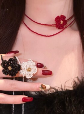 红色手工串珠山茶花双层锁骨链
