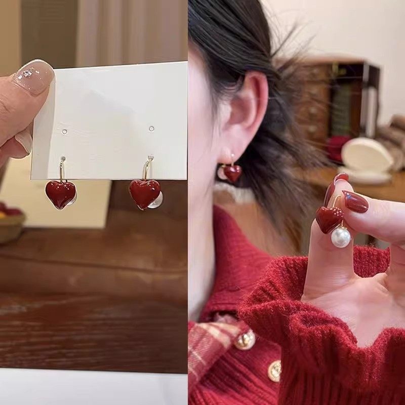 红色爱心珍珠两戴耳钉女2026新款爆款时尚精致气质百搭新年耳饰,饰品/流行首饰/时尚饰品新,耳环,淘宝优惠券,粉丝福利购,淘宝优惠卷
