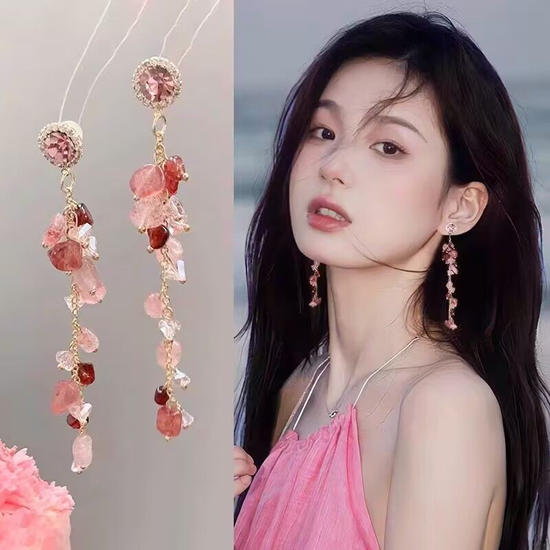 粉色流苏耳环女海边气质长款耳夹无耳洞夸张耳钉纯手工耳饰耳坠