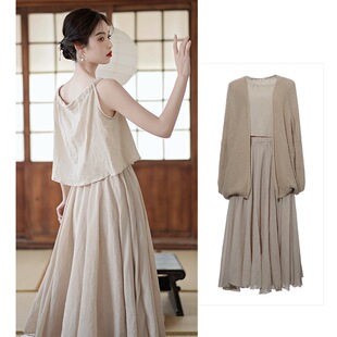 棉麻吊带禅意亚麻女装 古镇中式 三件套春夏秋季 连衣裙外套茶艺 套装
