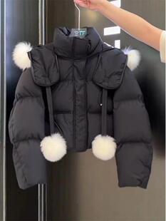 2025年新款冬装高级感欧货洋气炸街白色毛领连帽棉服短款外套女潮