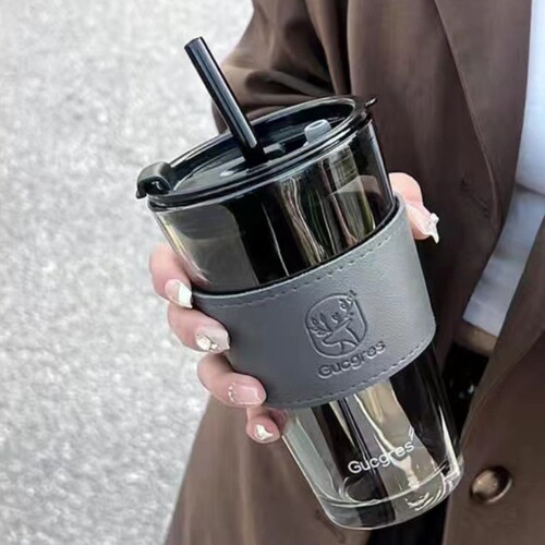 轻奢高颜值咖啡杯玻璃水杯带皮套吸管杯子开业礼品定制图案印logo