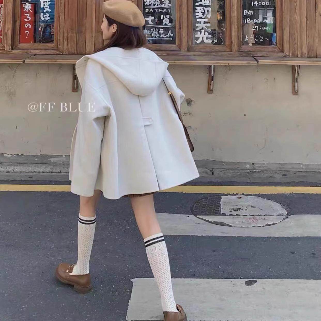 【林深见鹿】秋冬新款短款连帽休闲双面羊毛大衣时尚设计百搭外套