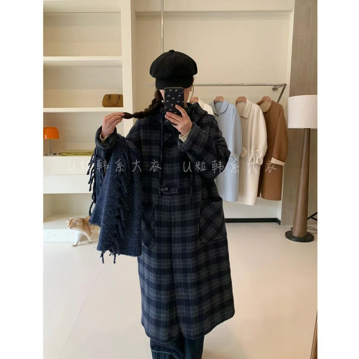 连帽立领蓝色格子中长款毛呢大衣