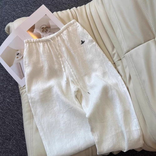 白色亚麻阔腿长裤子女早春2025新款休闲宽松bf慵懒风松弛感镰刀裤