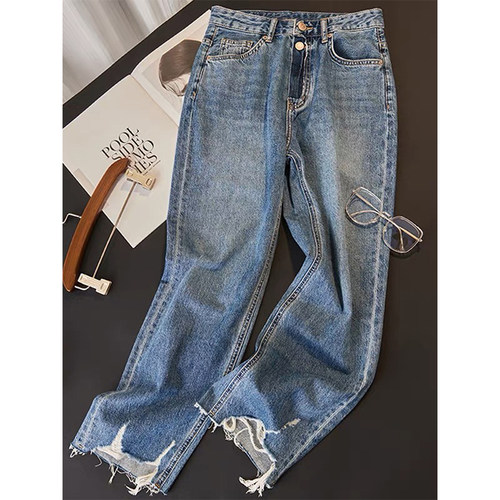 牛X货 巨炸裂！牛仔阔腿裤女新款高腰小个子显瘦毛边直筒九分裤子
