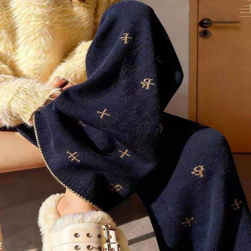 牛X货 巨炸裂！深蓝色印花直筒阔腿裤女秋冬慵懒风宽松百搭休闲裤,女装/女士精品,大码裤装,淘宝优惠券,粉丝福利购,淘宝优惠卷