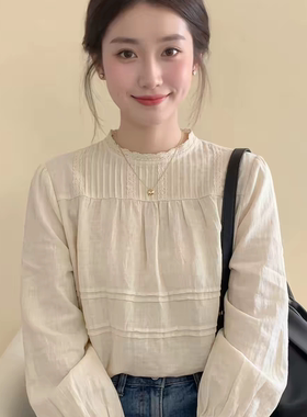法式杏色蕾丝灯笼袖衬衫女款2026春季新款高级感轻奢减龄洋气上衣