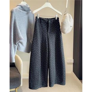 复古文艺碎花加绒加厚毛呢阔腿裤 女 女秋冬高腰显瘦减龄百搭弯刀裤